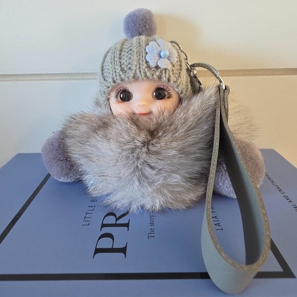 Cute Smiling Fur Baby Keychain with LOVE tag, Plush rabbit fur, Bag Charm - Picture 4 of 5